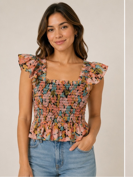 Saylor Tops - Saylor Floral Smocked Ruffle Sleeve Blouse Small EUC